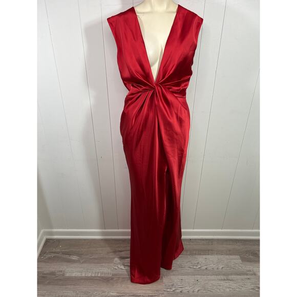 Amsale Fluid satin plunge V-neck twisted front dress in Lipstick Red Sz 10 NWOT - Picture 3 of 14